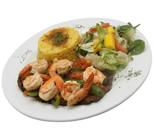 Shrimps with vegetables, yellow rice and salad